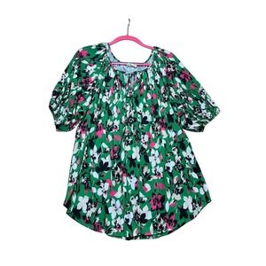 Splash‎ Green Floral Tunic Top Pink White Black Puff Sleeve Tie Neck Blouse